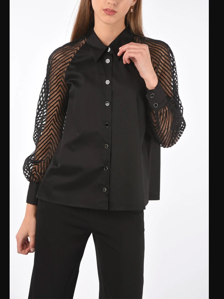 Just Cavalli Black Cotton Shirt With Transparent Embroidered Sleeves Size 46 Xl
